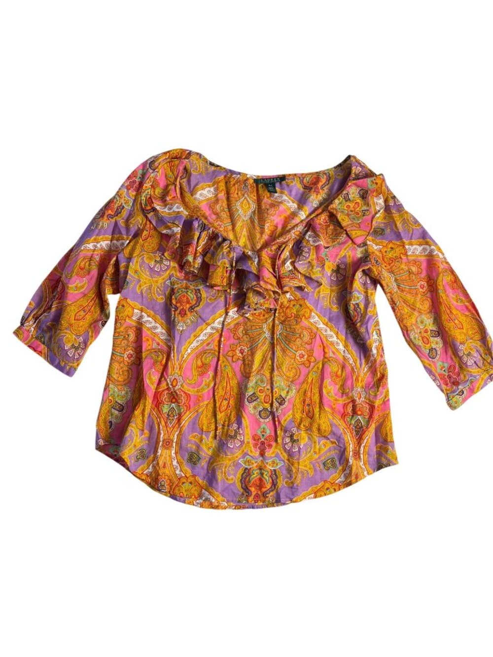 Lauren Ralph Lauren Paisley Print 3/4 Sleeve Cotton Ruffle Boho Blouse P/L New